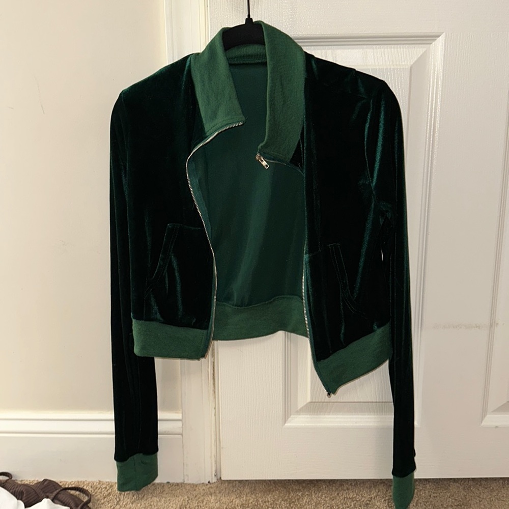 Emerald green velvet cropped track suit top